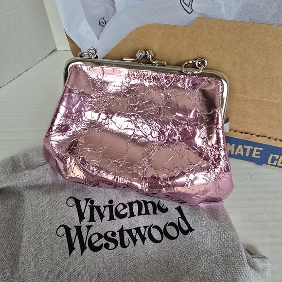 Vivienne Westwood Light Pink Metallic Crinkle Calf Skin Granny  Purse Kisslock - Picture 8 of 16